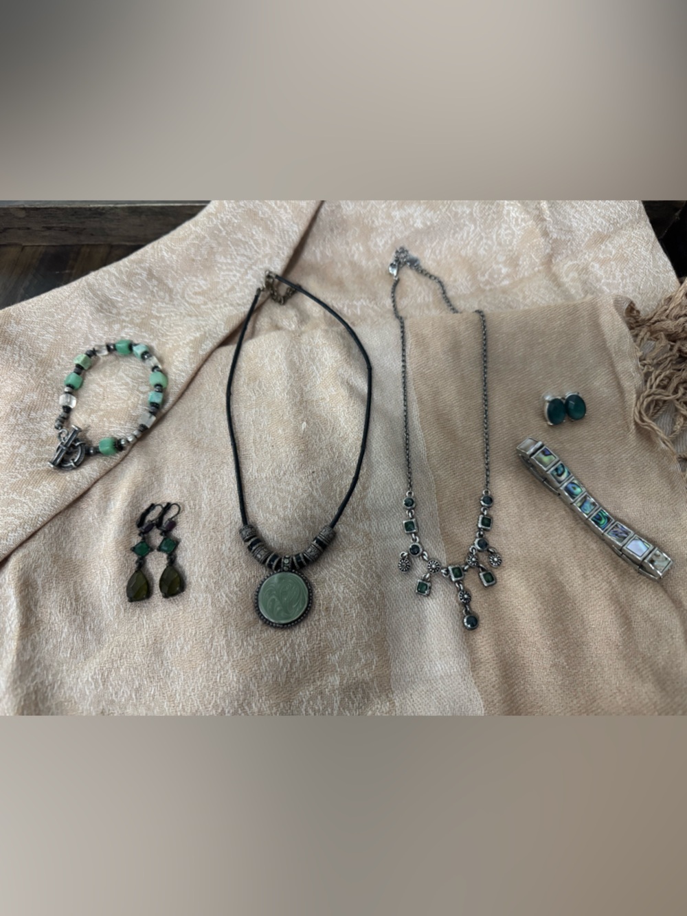 Sage Green & Abalone Jewelry Lot - Jade Tone Pendant & Silver Beaded Set